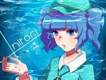  1girl artist_name blue_eyes blue_hair blush bubble bust character_name dress hand_up hat heart heart-shaped_pupils jewelry kawashiro_nitori light_rays long_sleeves necklace nose_blush shirt solo sunbeam sunlight symbol-shaped_pupils touhou twintails underwater water wet wet_clothes 