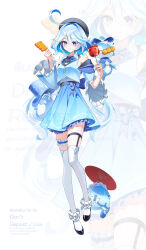  1girl :t absurdres adversarial_noise ahoge alternate_costume ascot asymmetrical_sleeves bare_shoulders black_ascot black_hat black_shoes blue_bow blue_bowtie blue_eyes blue_gemstone blue_hair blue_jacket blue_pupils blue_skirt blush bow bowtie closed_mouth commentary_request cropped_jacket detached_sleeves drop-shaped_pupils food food_in_mouth frilled_thigh_strap furina_(genshin_impact) gem genshin_impact gentilhomme_usher hair_between_eyes hat heterochromia high_heels highres holding holding_candy_apple holding_food holding_umbrella jacket long_hair looking_at_viewer mademoiselle_crabaletta multicolored_hair oil-paper_umbrella shirt shoes skirt streaked_hair surintendante_chevalmarin symbol-shaped_pupils thigh-highs thigh_strap tiokun7 too_many_watermarks umbrella uneven_sleeves very_long_hair watermark white_background white_hair white_shirt white_thighhighs zoom_layer 