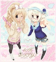  2000s_(style) 2girls anchor_necklace big_hair blonde_hair bow breasts cellphone commentary english_commentary fashion fish_skeleton flip_phone glasses gyaru heart high_ponytail highres holding holding_phone jelly_(bonnybel) jewelry kogal leg_warmers long_hair multiple_girls necklace one_eye_closed original perspective phone ponytail school_uniform short_hair standing v white_hair 