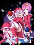  2girls green_eyes hat heart heart_of_string highres komeiji_koishi komeiji_satori multiple_girls open_mouth pink_eyes pink_hair santa_boots santa_costume santa_hat short_hair siblings sisters snowflakes thigh-highs third_eye touhou waterdog white_hair white_legwear 