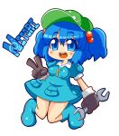  1girl blue_eyes blue_hair boots chibi gloves hair_bobbles hair_ornament hat jirousan21 kawashiro_nitori key open_mouth short_hair simple_background smile solo touhou twintails v white_background wrench 