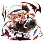  1girl alternate_costume black_dress blonde_hair bow dress fang flandre_scarlet hat hat_bow laevatein long_sleeves looking_at_viewer mob_cap open_mouth red_eyes side_ponytail solo tosura-ayato touhou wide_sleeves wings 
