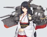  1girl bare_shoulders black_hair cannon detached_sleeves fusou_(kantai_collection) hair_ornament japanese_clothes kantai_collection long_hair looking_at_viewer nontraditional_miko red_eyes rokuwata_tomoe simple_background smile solo turret 