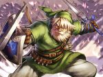  1boy arrow battle beard belt blonde_hair blue_eyes bow_(weapon) facial_hair hat knife link male manly master_sword old pointy_ears quiver revision scar shield sparks sword the_legend_of_zelda throwing_knife weapon yapo 