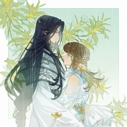  1boy 1girl ahoge aqua_background bamboo_print bare_shoulders black_hair black_sash black_shirt blue_eyes blue_sash blunt_bangs border bow braid brown_hair chinese_clothes chuyi_flower_cake_(the_tale_of_food) clothing_cutout cowboy_shot crying crying_with_eyes_open curtained_hair dress dress_bow earrings eye_contact facial_mark female_master_(the_tale_of_food) flower forehead_mark frilled_dress frills from_side hair_flower hair_ornament hanfu height_difference hetero highres hug jewelry leaf leaf_hair_ornament long_hair long_sleeves looking_at_another low-braided_long_hair low-tied_long_hair no_blindfold official_alternate_costume osmanthus outside_border parted_bangs parted_lips plant profile puffy_long_sleeves puffy_sleeves rain robe sash shirt shoulder_cutout shuling side_braids smile standing tassel tassel_hair_ornament tears the_tale_of_food very_long_hair watermark weibo_watermark white_border white_bow white_dress white_robe wide_sleeves yellow_flower 