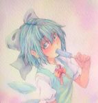  1girl blue_eyes blue_hair bow bowtie bust cirno eating hair_bow highres ice ice_wings looking_at_viewer pink_background popsicle puffy_short_sleeves puffy_sleeves short_hair short_sleeves solo touhou traditional_media watercolor_(medium) wings yuyu_(00365676) 