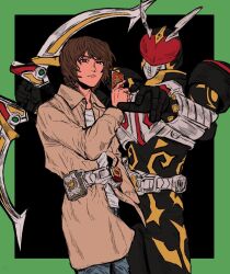  aikawa_hajime antennae armor belt blay_buckle bow_(weapon) brown_hair card highres holding holding_weapon kamen_rider kamen_rider_blade_(series) kamen_rider_chalice male_focus red_eyes rider_belt simple_background standing tantotete904 tokusatsu weapon 