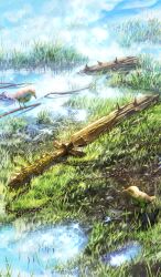  animal bird blue_sky broken chain commentary day diffraction_spikes dirt fate/grand_order fate_(series) grass higashiyama_hayato nature no_humans official_art outdoors scenery sky sparkle spikes sunlight sword third-party_source twig water weapon weapon_focus wooden_sword 