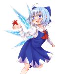  1girl ahoge ascot blue_eyes blue_hair blush bow cirno collared_shirt dress hair_bow ice ice_wings juliet_sleeves leaf long_sleeves maple_leaf namino. puffy_sleeves short_hair solo tareme touhou white_background wings 
