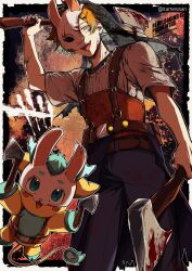  1boy :d absurdres apron aqua_hair arm_up artist_name axe belt belt_pouch black_veil blood blood_on_clothes blood_on_hands blood_on_weapon blue_apron blue_pants border broken_mask brown_belt chaahan_(0421_han2) commentary_request cosplay dead_by_daylight dual_wielding earrings fangs gradient_hair hair_ornament highres holding holding_axe jewelry lightning_bolt_earrings lightning_bolt_hair_ornament lightning_bolt_symbol looking_at_viewer male_focus mask multicolored_hair nijisanji one_eye_covered open_mouth orange_eyes orange_hair outside_border pants pouch rabbit_mask shirt short_hair short_sleeves single_earring smile solo standing suspenders teeth the_huntress_(dead_by_daylight) the_huntress_(dead_by_daylight)_(cosplay) twitter_username upper_teeth_only usami_rito veil virtual_youtuber watermark weapon white_border white_shirt 