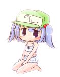  1girl blue_eyes blue_hair blush blush_stickers cast_a chibi collarbone hair_bobbles hair_ornament hat highres kawashiro_nitori looking_at_viewer midriff navel nose_blush open_mouth simple_background sitting solo touhou twintails underwear underwear_only wariza white_background 