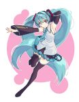  1girl absurdres aqua_eyes aqua_hair armpits detached_sleeves hand_behind_head hatsune_miku highres long_hair one_leg_raised outstretched_arm outstretched_hand smile solo tagme thigh-highs twintails urata_asao very_long_hair vocaloid zettai_ryouiki 