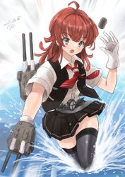  1girl adapted_turret ahoge arashi_(kancolle) belt black_skirt black_thighhighs black_vest collared_shirt dress_shirt kantai_collection kitagawa_mikio medium_hair neckerchief one-hour_drawing_challenge open_mouth pleated_skirt red_hair red_neckerchief shirt skirt solo splashing thigh-highs throwing vest violet_eyes water white_shirt 