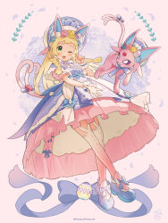  1girl animal_ears blonde_hair blue_dress blunt_bangs blush bonnet braid breasts cosplay dress easter easter_egg egg espeon espeon_(cosplay) flower green_eyes highres kinocopro lillie_(pokemon) long_hair open_mouth pink_dress pokemon pokemon_(creature) pokemon_sm ribbon smile thigh-highs twin_braids 