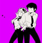  1boy 1girl arm_holding belt black_pants breasts dress_shirt hair_tussle hands_in_pockets horns large_breasts long_hair looking_to_the_side lum moroboshi_ataru necktie oni pants pointy_ears purple_background shirt short_hair simple_background solo star urusei_yatsura wantake 