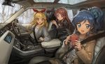  3girls aikatsu! blonde_hair blue_eyes blue_hair blush brown_hair car hair_ribbon hoshimiya_ichigo jacket kiriya_aoi lm7_(op-center) long_hair looking_at_viewer motor_vehicle multiple_girls open_mouth red_eyes ribbon shibuki_ran side_ponytail smile vehicle 