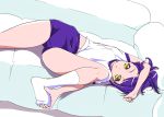  1girl buruma gym_uniform kanoe lying navel puri_para purple_hair short_hair socks toudou_shion yellow_eyes 