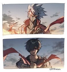  2boys billy_kid black_hair black_jacket hair_over_one_eye highres holding holding_scarf holding_unworn_clothes humanoid_robot jacket lighter_(zenless_zone_zero) male_focus multiple_boys outdoors red_jacket red_scarf robot s54nkasn scarf white_hair zenless_zone_zero 