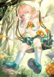  1girl breasts drill_hair flower green_eyes hair_flower hair_ornament original pink_hair shoes short_hair skirt smile socks solo swing tagme tree twin_drills twintails under_boob vines 