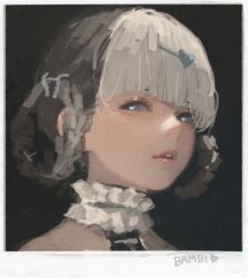  1girl aegyo_sal bambinata:_vitrum_(pgr) bambinata_(pgr) black_hair blue_eyes blunt_bangs braid braided_hair_rings character_name choker commentary d.k english_commentary freckles frilled_choker frills hair_ornament hair_rings half-closed_eyes heart heart_hair_ornament looking_at_viewer looking_to_the_side multicolored_hair open_mouth polaroid_photo portrait punishing:_gray_raven short_hair sideways_glance solo split-color_hair two-tone_hair white_hair 