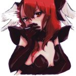  1girl cigarette elbow_gloves feathered_wings gloves head_wings highres minerva_(p&amp;d) pikomarie puzzle_&amp;_dragons red_eyes redhead simple_background smoking solo white_background wings 