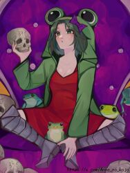  1girl animal_hood anna_no_kojo black_souls bow breasts dress frog frog_hood frog_princess_(black_souls) green_eyes green_hair holding holding_skull hood hooded_jacket jacket leg_armor long_sleeves medium_breasts pile_of_skulls purple_bow red_dress short_hair sitting_on_throne skull sleeves_past_wrists surprised twitter_username 