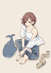  1girl brown_hair camisole highres higuchi_madoka idolmaster idolmaster_shiny_colors indian_style jacket kotsume_(kotsume_kws) looking_at_viewer mole mole_under_eye open_clothes open_jacket pants sandals short_hair simple_background single_bare_shoulder sitting solo stuffed_whale torn_clothes torn_pants unworn_sandals white_background white_camisole white_jacket 