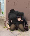  1girl black_hair blush boots breasts character_request corner disembodied_head drawfag dullahan green_eyes hiding highres kneeling large_breasts monster_girl pantyhose pointy_ears solo sweater sweater_dress turtleneck 