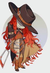  1boy adjusting_clothes adjusting_headwear aleph_(reverse:1999) black_cape black_hat boots brown_boots brown_pants cape chibi circle da_ge_penqi facing_viewer full_body gloves grey_background hacksaw hand_on_headwear hand_up hat hat_over_eyes head_down highres holding_saw long_hair male_focus mask pants red_gloves reverse:1999 saw scalpel solo standing surgical_scissors tool_kit very_long_hair 