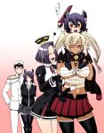  1boy 4girls admiral_(kantai_collection) arms_behind_back black_gloves black_hair black_legwear blonde_hair boots breasts carrying_over_shoulder chiba_toshirou child contrapposto cowboy_shot dark_skin eyepatch glasses gloves gradient gradient_background grin hand_on_another&#039;s_shoulder hat heart holding holding_shoes huge_breasts if_they_mated kantai_collection large_breasts looking_at_another looking_at_viewer mechanical_halo midriff military military_uniform miniskirt multiple_girls musashi_(kantai_collection) open_mouth peaked_cap piggyback pink_background pleated_skirt purple_hair red_skirt sarashi semi-rimless_glasses short_hair skirt smile sword tatsuta_(kantai_collection) tenryuu_(kantai_collection) thigh-highs twintails under-rim_glasses uniform weapon zettai_ryouiki 