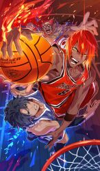  3boys armpits ashwatthama_(buzzer_beater)_(fate) ashwatthama_(fate) ball bare_shoulders bartholomew_roberts_(buzzer_beater)_(fate) bartholomew_roberts_(fate) basketball basketball_(object) basketball_hoop basketball_uniform black_hair blue_tank_top chaldea_logo clenched_teeth collarbone commentary dark-skinned_male dark_skin diffraction_spikes dynamic_pose elbow_sleeve english_text fate/grand_order fate_(series) fire from_above glowing glowing_eyes green_eyes holding holding_ball indoors jersey jumping lu_bu_(fate) male_focus midair multiple_boys muscular muscular_male official_art open_mouth reaching red_hair red_tank_top senzaki_makoto shouting sportswear sweatband tank_top tearing_clothes teeth third-party_source toned toned_male torn_clothes 