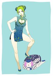  1boy 1girl blue_eyes blue_hair butterfly caicai_(cafacaicai) china_dress chinese_clothes double_bun femdom green_hair human_furniture jojo_no_kimyou_na_bouken kuujou_jolyne multicolored_hair narciso_anasui tattoo two-tone_hair 