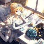  1girl ayase_eli blonde_hair blue_eyes blue_rose blush bouquet breasts cake cleavage dress earrings elbow_gloves flower food gloves jewelry kieta long_hair looking_at_viewer love_live!_school_idol_project ponytail rose smile solo thigh-highs tiara white_gloves white_legwear 