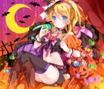  1girl ayase_eli bat blonde_hair blue_eyes candy crescent_moon halloween hat holding jack-o&#039;-lantern lollipop long_hair looking_at_viewer love_live!_school_idol_project mog_(artist) moon navel ponytail sitting smile solo witch_hat 