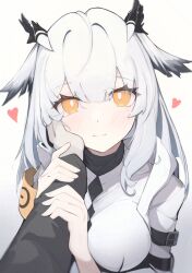  1girl arknights blush breasts bright_pupils closed_mouth commentary_request eyes_visible_through_hair fingernails gradient_background grey_background guided_hand_on_cheek hair_between_eyes hand_on_another's_cheek hand_on_another's_face heart highres long_hair long_sleeves looking_at_viewer matchadzuke medium_breasts partial_commentary pov pov_hands ptilopsis_(arknights) smile white_background white_hair white_pupils yellow_eyes 