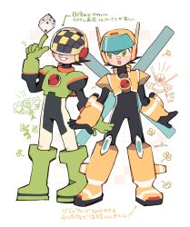  2boys absurdres armor black_bodysuit bodysuit chibi chibi_inset commentary_request covered_eyes dice double_soul_(mega_man) full_body green_armor green_eyes gyroman.exe helmet helmet_over_eyes highres mega_man_(series) mega_man_battle_network_(series) megaman.exe multiple_boys netnavi numberman.exe simple_background translation_request white_background yellow_armor yellow_helmet yukikokoro 