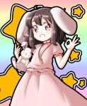  1girl animal_ears black_hair carrot dress grin inaba_tewi jewelry necklace pendant pink_dress puffy_short_sleeves puffy_sleeves rabbit rabbit_ears red_eyes roco_(katsuya1011) short_sleeves smile solo star touhou 