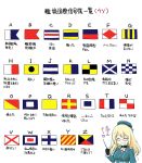  1girl :d ^_^ ascot atago_(kantai_collection) beret bespectacled black_gloves blonde_hair closed_eyes ebifly glasses gloves hat kantai_collection long_hair long_sleeves military military_uniform open_mouth signal_flag simple_background smile solo translation_request uniform white_background 