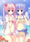  2girls bikini blue_eyes blue_hair blurry breasts cleavage collarbone depth_of_field eating flower flower_on_head frilled_swimsuit frills hair_ornament highres horizon jacket jewelry kuze_matsuri long_hair looking_at_viewer multiple_girls navel ocean original pendant pink_hair popsicle smile summer swimsuit twintails 