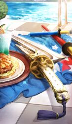  bread_bun burger commentary day diffraction_spikes drink drinking_straw fate/grand_order fate_(series) food fruit garnish katana ketchup lettuce no_humans official_art orange_(fruit) orange_slice outdoors pineapple pineapple_slice plate pool pool_ladder poolside sparkle still_life sunlight sword third-party_source towel tray watanabe_satoru water weapon weapon_focus weapon_request 