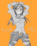  +_+ 1girl \m/ ahoge arms_up crop_top dark_elf demon_mages denim elf greyscale grin highres jason_robinson jeans long_hair midriff monochrome navel no_bra orange_background pants pointy_ears small_breasts smile solo t-shirt tara_olphoros torn_clothes torn_jeans 