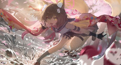  1girl animal_ear_fluff animal_ears black_gloves black_sailor_collar blue_archive blush brown_hair commentary_request double_fox_shadow_puppet fox_ears fox_girl fox_hair_ornament fox_shadow_puppet fox_tail frilled_kimono frills gloves hadanugi_dousa hair_ornament halo highres izuna_(blue_archive) japanese_clothes kimono leaning_forward looking_at_viewer open_mouth partially_fingerless_gloves pink_halo pink_kimono pink_scarf pom_pom_(clothes) pom_pom_hair_ornament sailor_collar scarf shirt short_hair smile solo standing standing_on_one_leg tail white_shirt wiersa yellow_eyes 
