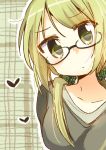  1girl bespectacled black-framed_glasses blonde_hair bow bust glasses hair_bow head_tilt heart highres ichii_yui looking_at_viewer low_twintails plaid plaid_background semi-rimless_glasses sketch solo tatsunokosso tsurime twintails under-rim_glasses yellow_eyes yuyushiki 