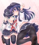  1492egg 2girls akatsuki_(kantai_collection) ass black_hair black_legwear blue_eyes blush crotch_seam hat hibiki_(kantai_collection) kantai_collection loafers long_hair looking_at_viewer multiple_girls panties panties_under_pantyhose pantyhose school_uniform serafuku shoes silver_hair thigh-highs thighband_pantyhose underwear violet_eyes zettai_ryouiki 