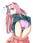  /\/\/\ 1girl ass blush checkered_shirt dressing hata_no_kokoro long_hair long_sleeves looking_at_viewer mask oimonocake panties pink_eyes pink_hair shirt simple_background skirt solo striped striped_panties touhou underwear unmoving_pattern white_background 