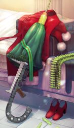  ammunition_belt assault_medicine bed buttons closed_umbrella coat commentary fate/grand_order fate_(series) fur-trimmed_coat fur_trim green_ribbon green_umbrella gun hat high_heels indoors lapels large_syringe light_particles no_humans official_art oversized_object pom_pom_(clothes) red_coat red_hat red_shoes ribbon rifle sakumamitsuro santa_hat shoes still_life suitcase syringe third-party_source umbrella unworn_clothes unworn_coat unworn_hat unworn_headwear unworn_shoes weapon weapon_focus weapon_request 