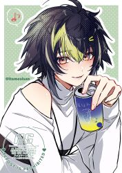  1boy absurdres ahoge artist_name black_hair blush border can chaahan_(0421_han2) clothing_cutout commentary_request drink_can green_background green_eyes green_hair grey_hair hair_between_eyes hair_ornament hairclip hand_up highres holding holding_can inami_rai jewelry long_sleeves looking_at_viewer male_focus multicolored_eyes multicolored_hair musical_note necklace nijisanji outline outside_border parted_lips polka_dot polka_dot_background shirt short_hair shoulder_cutout sidelocks smile solo streaked_hair turtleneck twitter_username upper_body violet_eyes virtual_youtuber watermark white_border white_outline white_shirt 