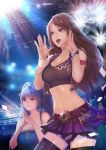  2girls :o bare_shoulders black_legwear blue_hair bracelet breasts brown_hair caitlyn_(league_of_legends) cleavage cropped_jacket cutoffs hands_together instant-ip jewelry league_of_legends long_hair midriff multiple_girls navel open_mouth shorts skirt sona_buvelle sparkle stadium tank_top thigh-highs twintails violet_eyes wristband 