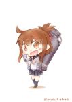  1girl :d bottle brown_eyes brown_hair chibi eggplant folded_ponytail hinata_yuu holding inazuma_(kantai_collection) kantai_collection looking_at_viewer machinery open_mouth pleated_skirt school_uniform serafuku skirt smile solo 