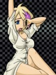  1girl bare_legs blonde_hair blue_eyes breasts cleavage colored_stripes naked_shirt open_mouth rubbing_eyes stretch yawning 
